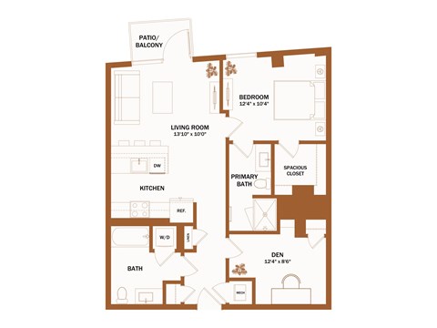 A floor plan of a house with a living room, kitchen, and two bathrooms.